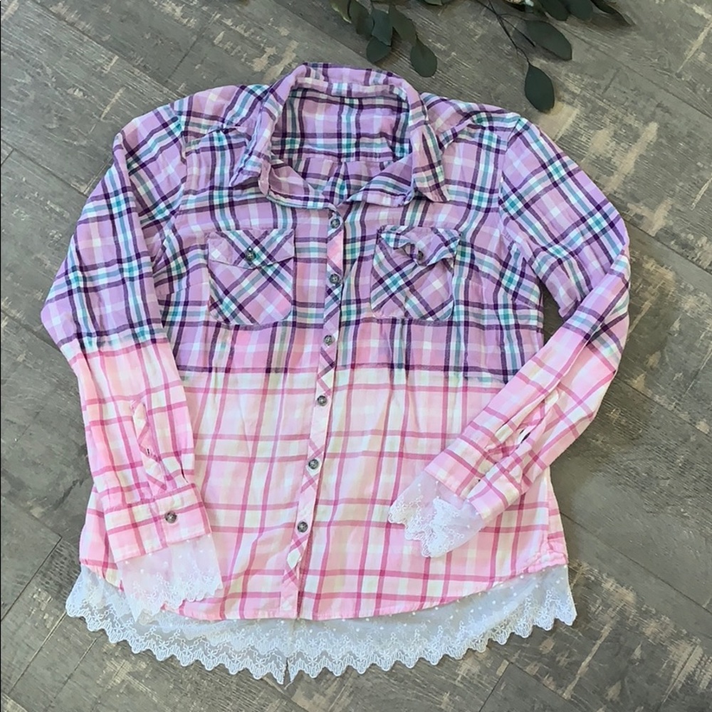 One of a kind distressed plaid with lace shirt